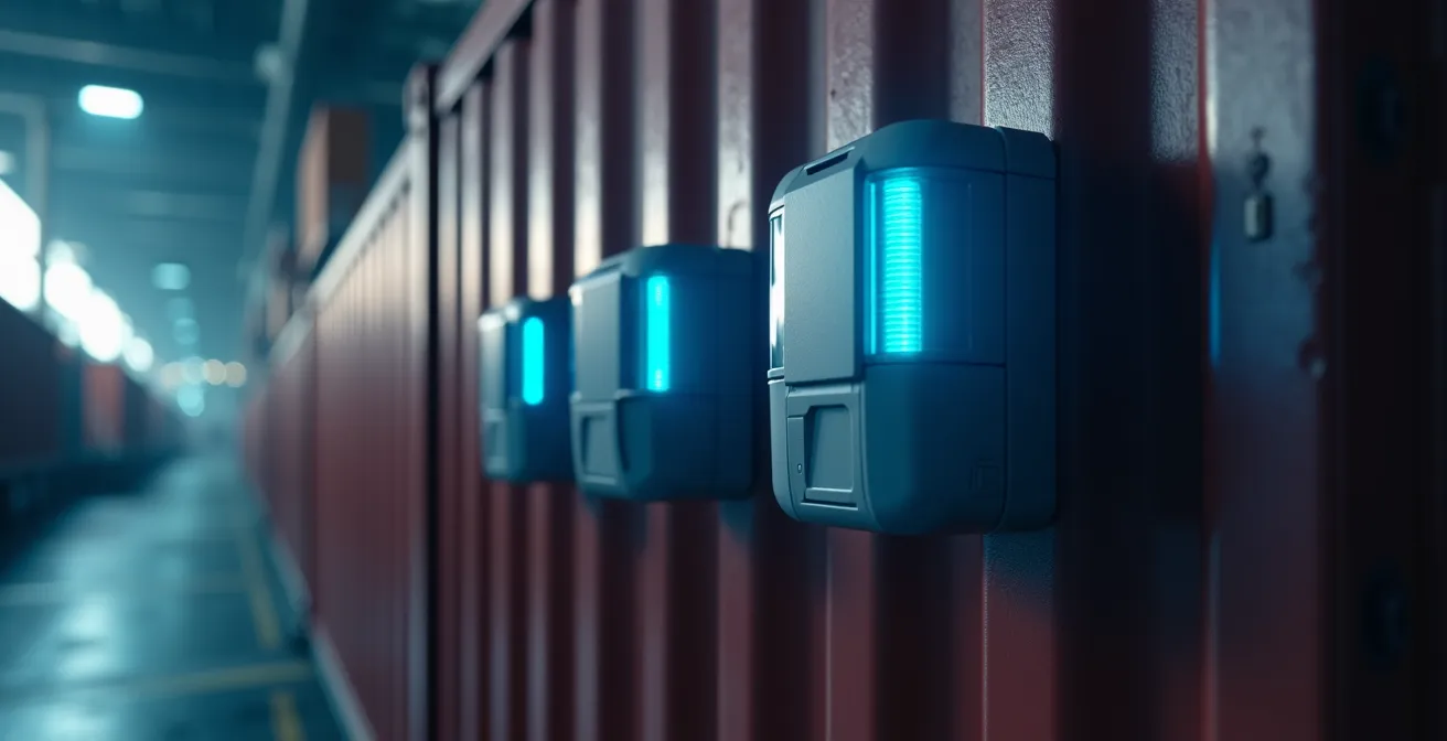 Vue détaillée de capteurs électroniques high-tech intégrés sur un conteneur, avec circuits et LED dans un environnement industriel