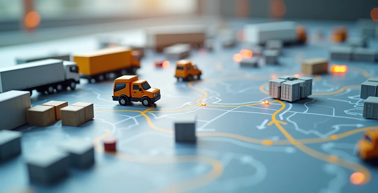 Schéma conceptuel illustrant la cartographie des flux logistiques sur un chantier, montrant la chaîne d'approvisionnement depuis la réception des matériaux jusqu’à leur distribution sur le site