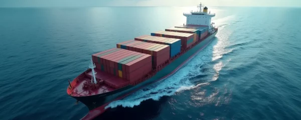 Vue aérienne d'un grand porte-conteneurs en navigation transportant des conteneurs frigorifiques, avec océan bleu et ciel dramatique