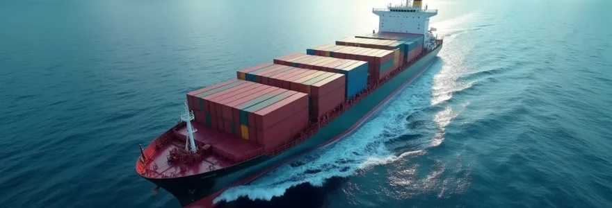 Vue aérienne d'un grand porte-conteneurs en navigation transportant des conteneurs frigorifiques, avec océan bleu et ciel dramatique