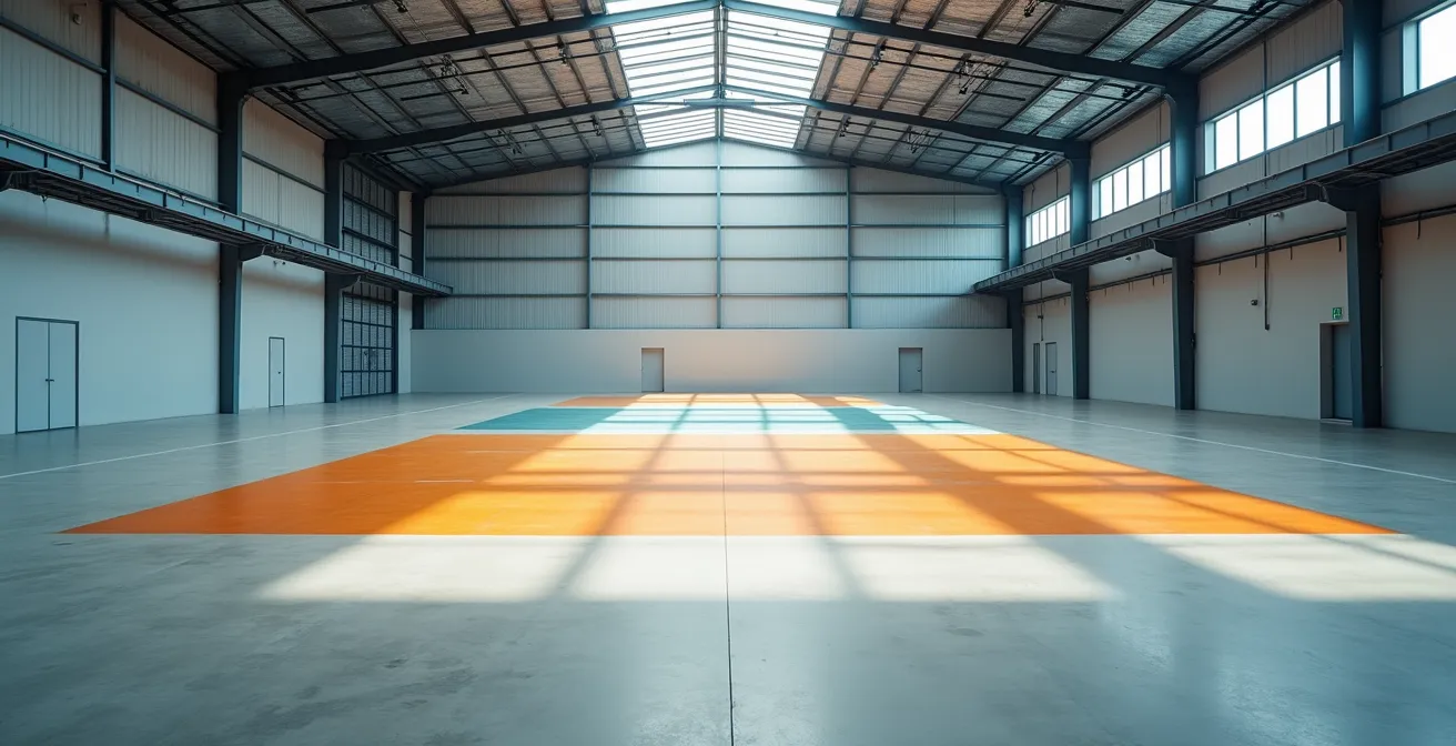 Vue aérienne épurée d'un entrepôt moderne avec organisation optimisée