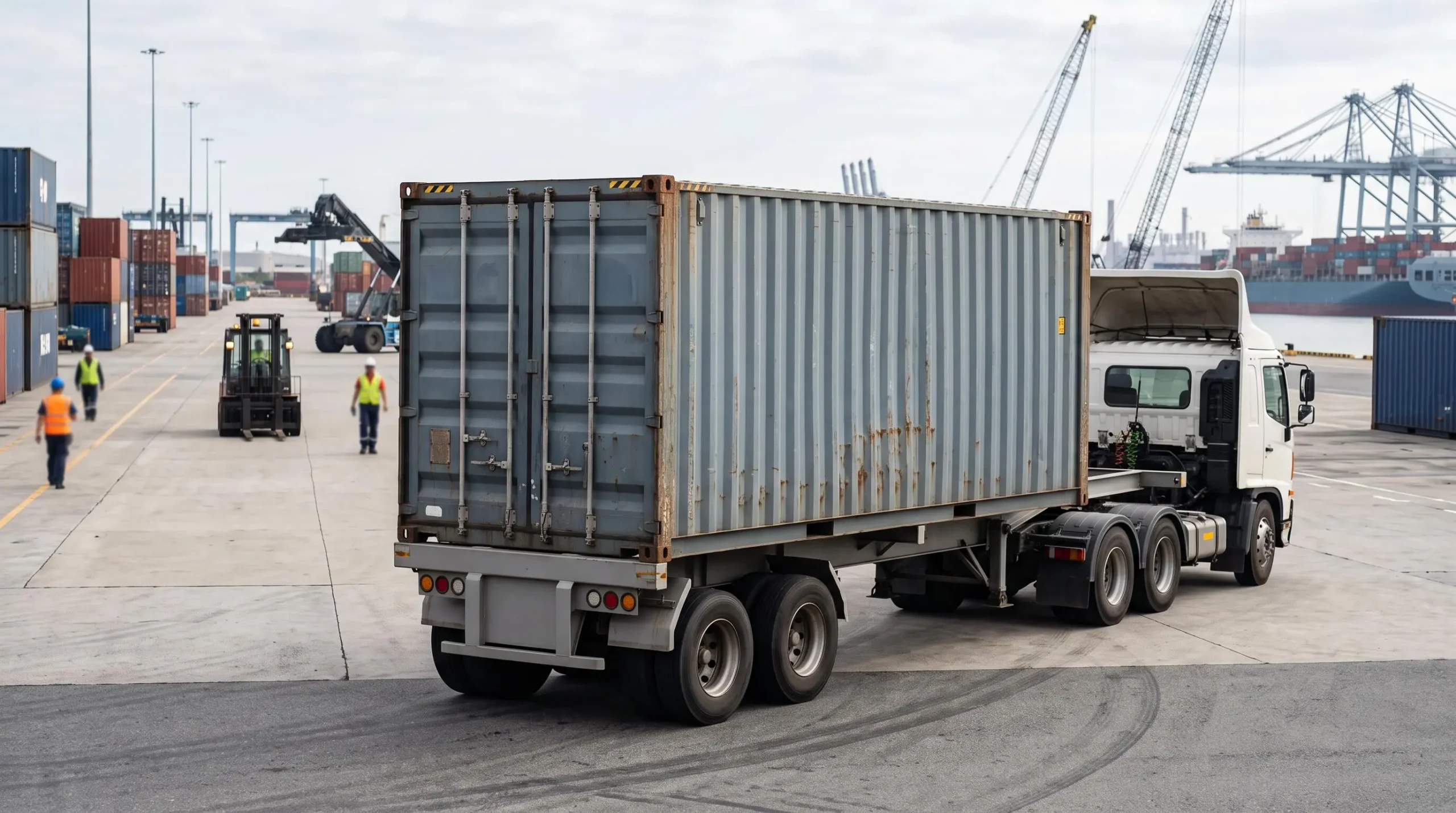 Conteneur maritime chargé sur un véhicule de transport terrestre dans une zone logistique intermodale.