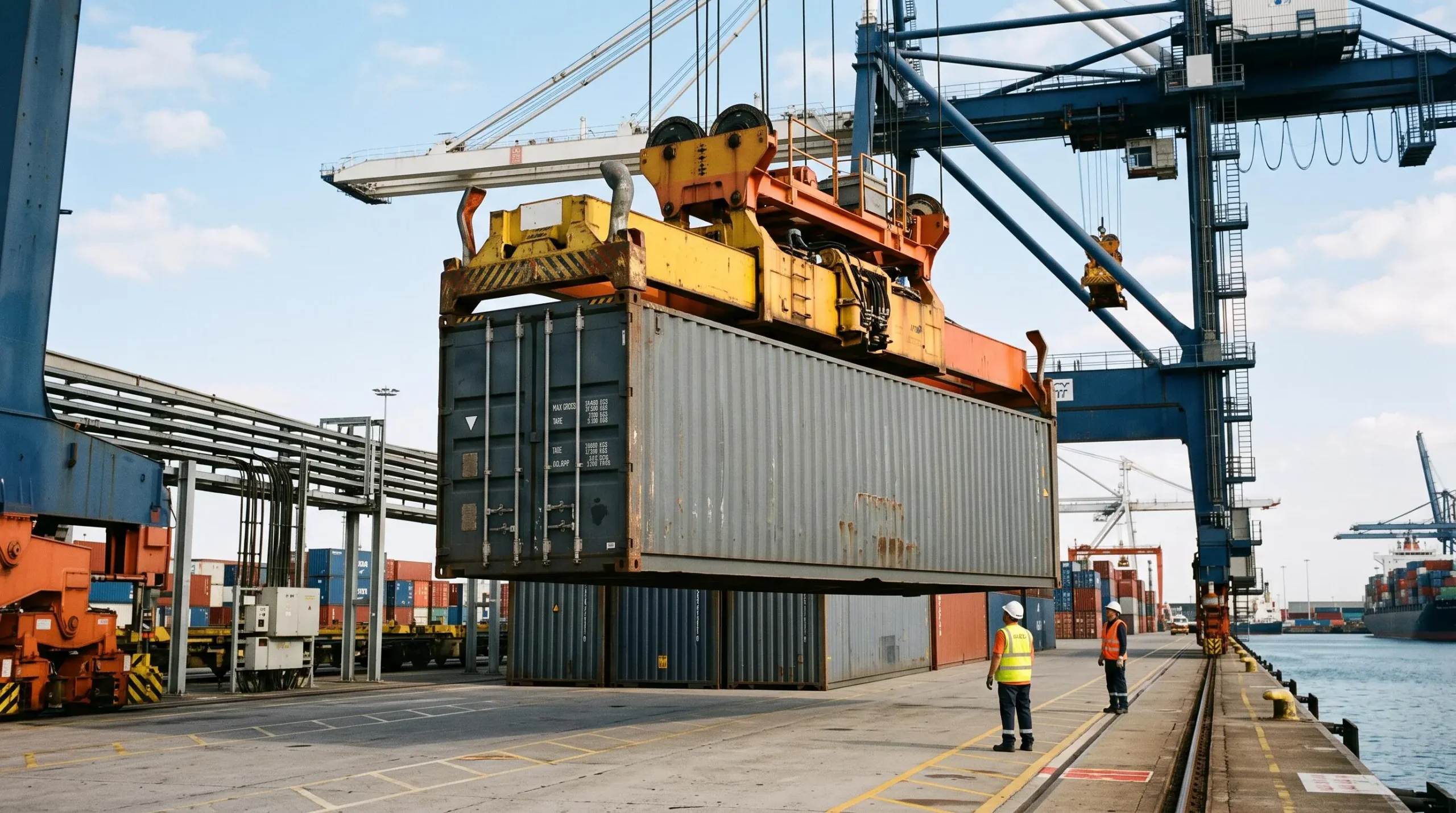 Grue portuaire manipulant un conteneur maritime, montrant les dispositifs de préhension standardisés lors d'une opération de manutention.