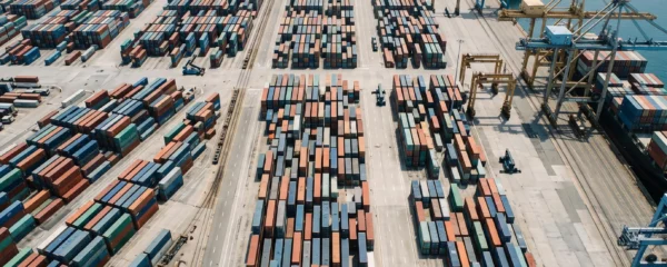 Vue aérienne d'un terminal portuaire moderne montrant des conteneurs maritimes empilés de manière organisée en rangées méthodiques.