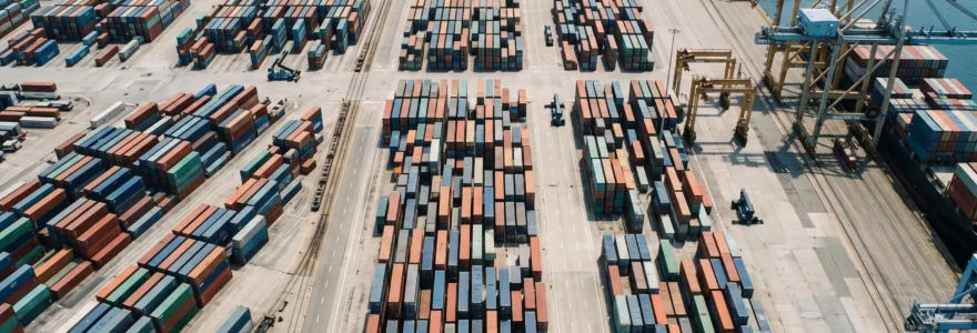 Vue aérienne d'un terminal portuaire moderne montrant des conteneurs maritimes empilés de manière organisée en rangées méthodiques.