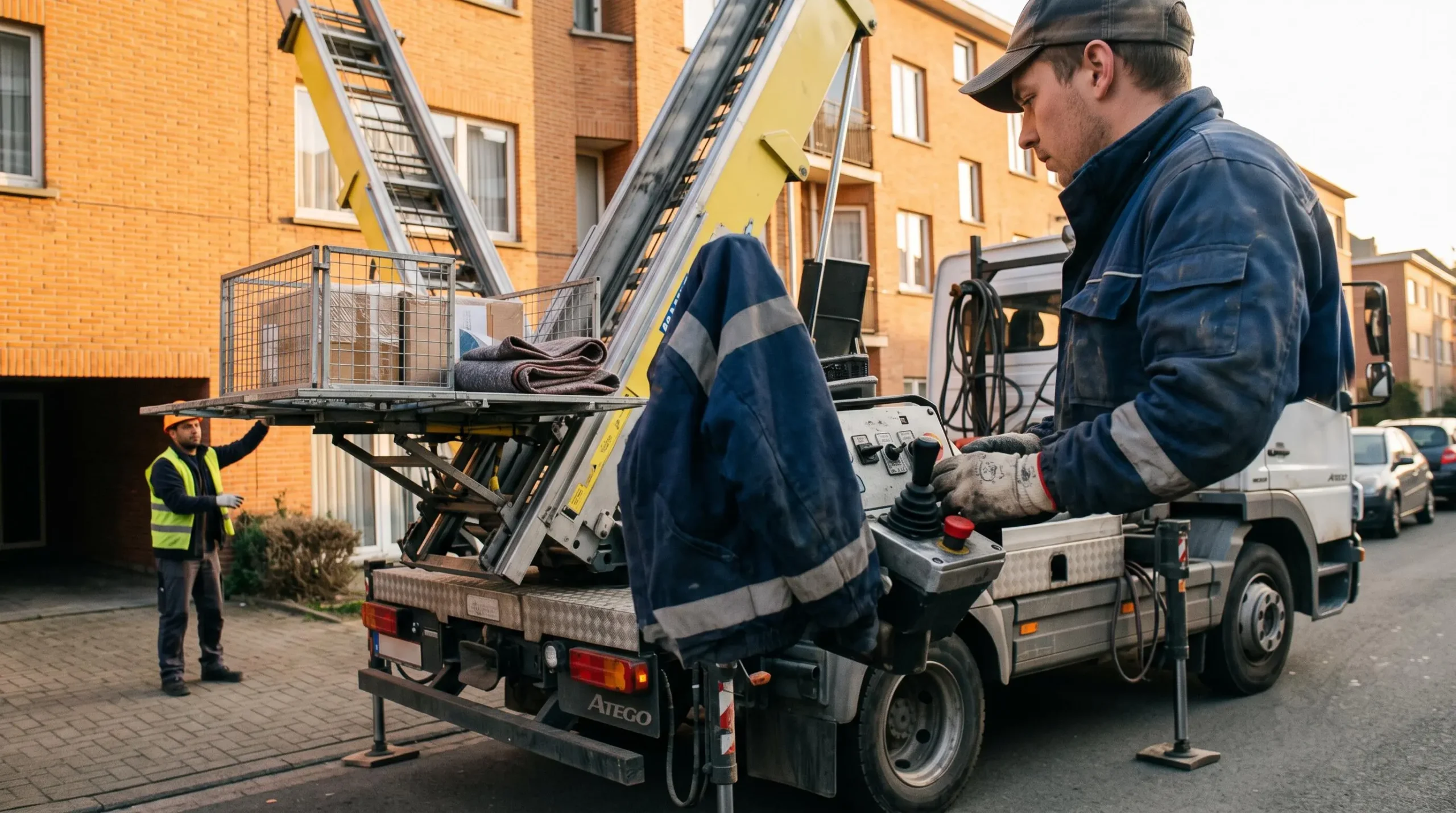 Un déménageur manœuvre les commandes d'un monte-meuble depuis le camion