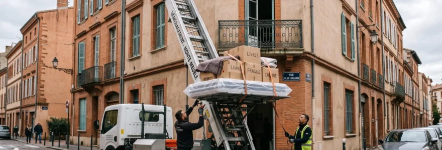 Un monte-meuble élévant des cartons vers la fenêtre d'un immeuble toulousain