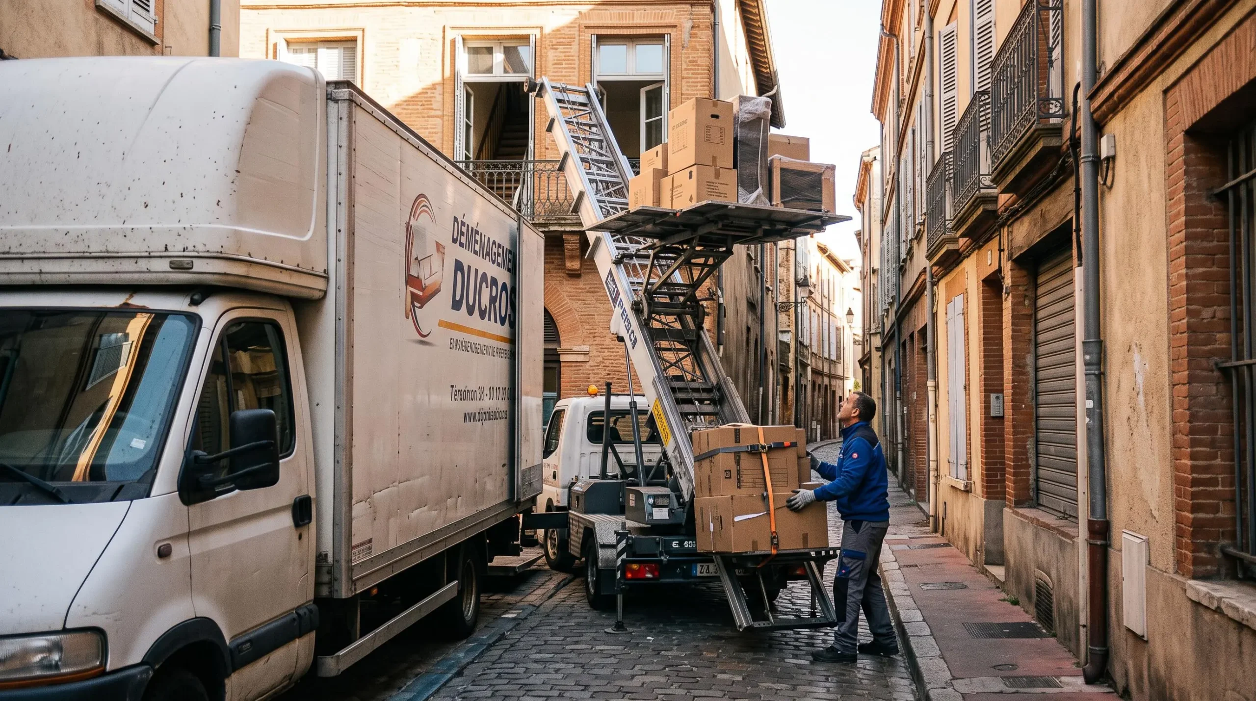 Un déménageur attache un colis sur la plateforme d'un monte-meuble dans une rue étroite